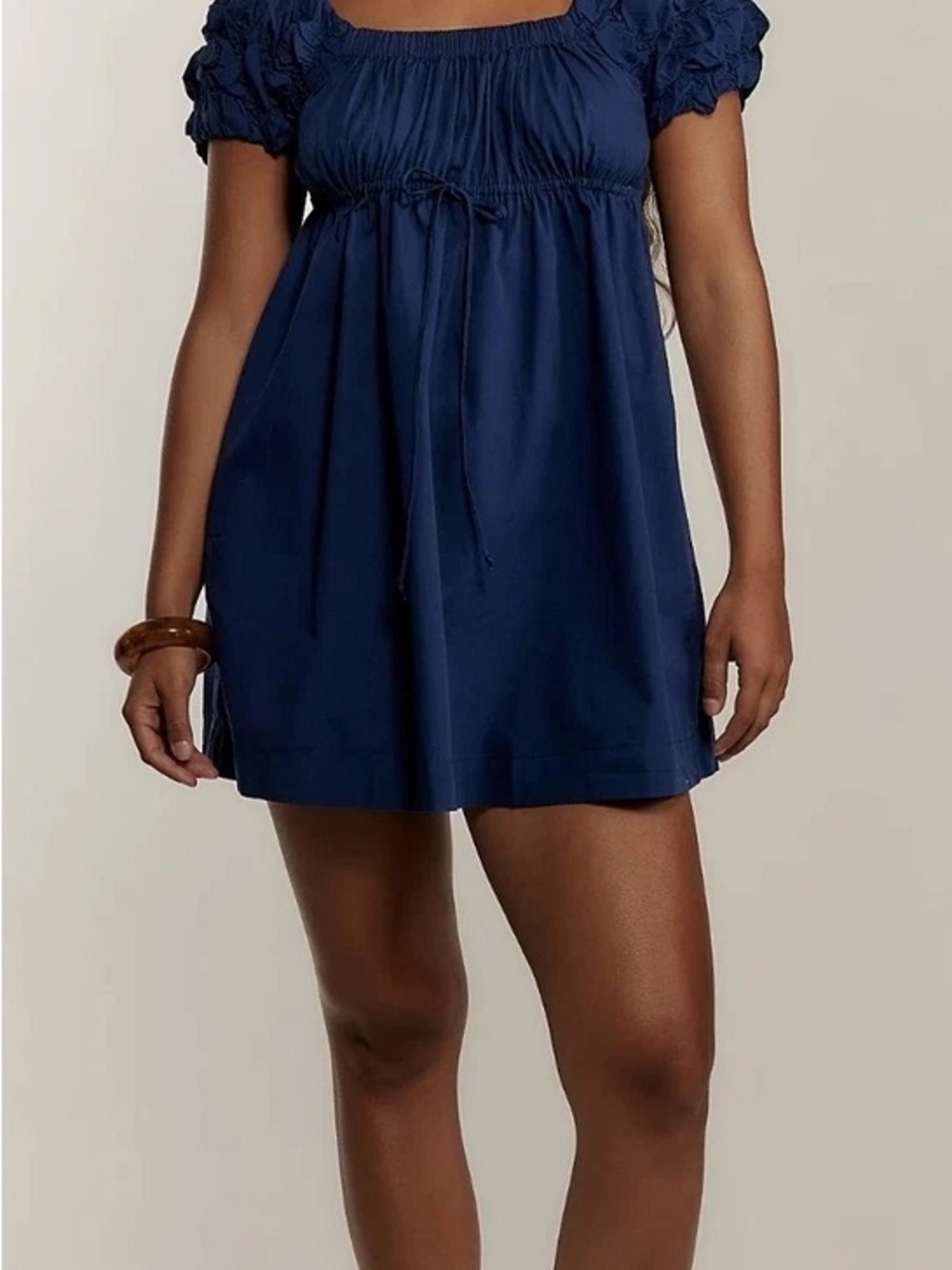 Free People Navy Ruched Puff-Sleeve Mini Dress